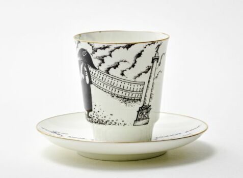 Кофейная чашка с блюдцем 165 мл, форма "Майская" рисунок "Русские писатели. Гоголь" костяной фарфор, Императорский фарфоровый завод