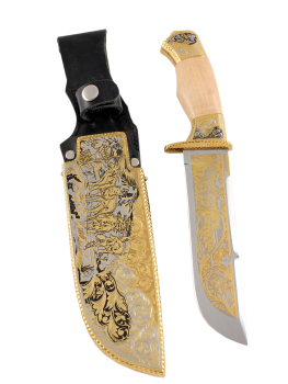 Позолоченный сувенирный нож "Вавилон" волки сталь ЭИ-107 в подарочном футляре, Златоуст