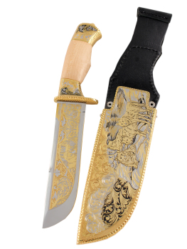 Позолоченный сувенирный нож "Вавилон" волки сталь ЭИ-107 в подарочном футляре, Златоуст