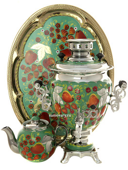 Электрический самовар в наборе 3 литра с художественной росписью "Яблоки на зеленом фоне" с автоматическим отключением при закипании, арт. 130466к