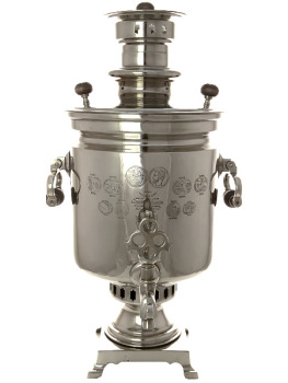 Комбинированный самовар антикварный 7 литров никелированный "цилиндр" с медалями, произведен Торговым Домом наследника И.Г.Баташева Н.И.Баташев в начале XX века, арт. 320541