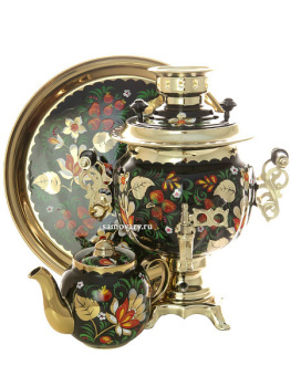 Электрический самовар в наборе 3 литра с художественной росписью "Под хохлому" с автоматическим отключением при закипании, арт. 130469к