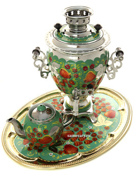 Электрический самовар в наборе 3 литра с художественной росписью "Яблоки на зеленом фоне" с автоматическим отключением при закипании, арт. 130466к