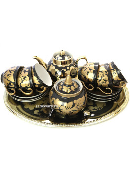 Самовар электрический 3 литра с чайником и подносом, роспись "Золотые цветы на черном фоне" с чайным сервизом, арт. 160323с