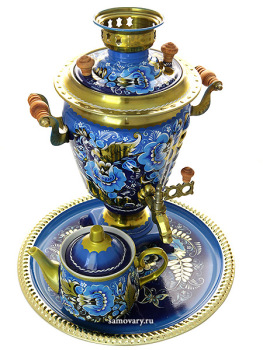 Набор самовар электрический 3 литра с художественной росписью "Кудрина на голубом фоне", арт. 121211