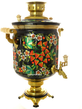 Электрический самовар 10 литров с художественной росписью "Земляника на черном фоне", арт. 121050