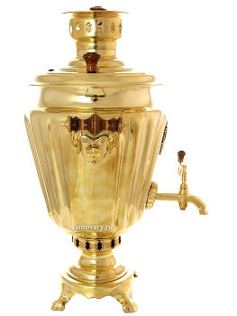 Самовар на дровах 5 литров желтый "конус" граненый с накладным Гербом РФ из латуни, арт. 211694