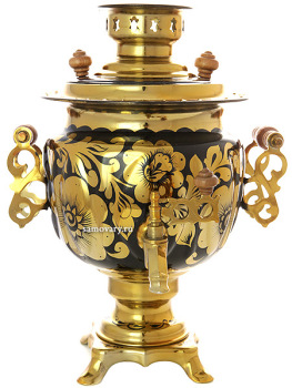 Самовар электрический 3 литра с чайником и подносом, роспись "Золотые цветы на черном фоне" с чайным сервизом, арт. 160323с