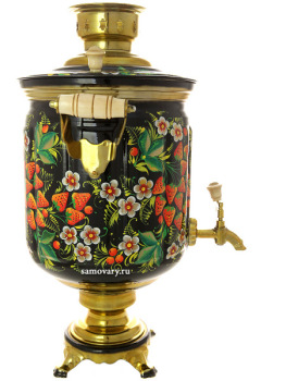 Электрический самовар 10 литров с художественной росписью "Земляника на черном фоне", арт. 121050