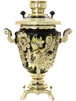 Самовар электрический 3 литра с чайником и подносом, роспись "Золотые цветы на черном фоне" с автоотключением, арт. 161656а