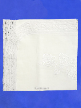 Льняная салфетка овальная белая с белым кружевом и кружевной отделкой (Вологодское кружево), арт. 0с-824, 95х50