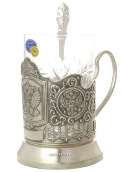 Набор для чая с подстаканником "Герб РФ" посеребренный Кольчугино