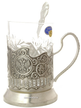 Набор для чая с подстаканником "Герб РФ" посеребренный Кольчугино