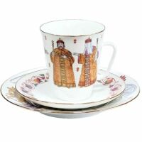 Кофейный комплект форма "Майская", рисунок "Театр. Царь Федор Иоаннович" 3-х предметный, костяной фарфор, Императорский фарфоровый завод