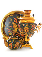 Набор самовар электрический 3 литра с художественной росписью "Яблочный узор на черном фоне (хохлома)" с автоматическим отключением при закипании, арт. 130311а