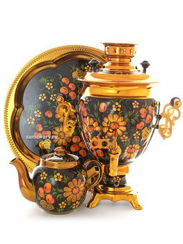 Набор самовар электрический 3 литра с художественной росписью "Яблочный узор на черном фоне (хохлома)" с автоматическим отключением при закипании, арт. 130311а