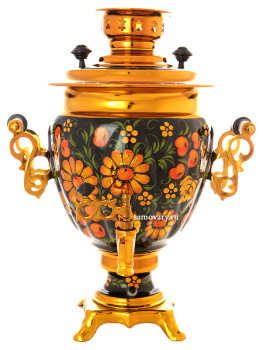 Набор самовар электрический 3 литра с художественной росписью "Яблочный узор на черном фоне (хохлома)" с автоматическим отключением при закипании, арт. 130311а