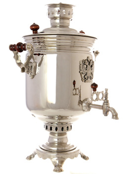 Комбинированный самовар 5 литров никелированный "цилиндр" с накладным Гербом РФ, арт. 331017