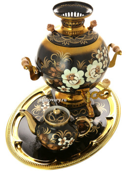 Набор самовар электрический 5 литров с художественной росписью "Жостово на черном фоне" с автоматическим отключением при закипании, арт. 151554к