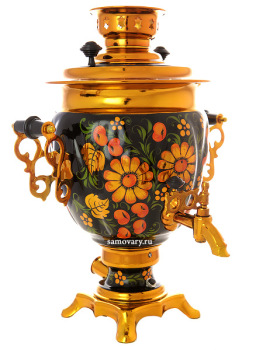 Набор самовар электрический 3 литра с художественной росписью "Яблочный узор на черном фоне (хохлома)" с автоматическим отключением при закипании, арт. 130311а