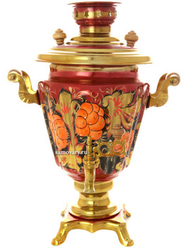 Набор самовар электрический 3 литра с художественной росписью "Грозди рябины на бордовом фоне" с чайным сервизом, арт. 160324с